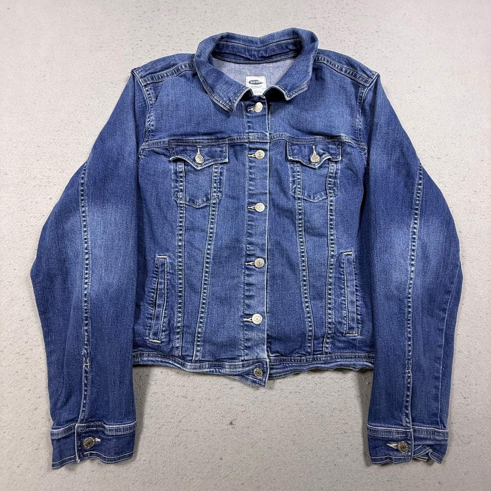 Old Navy Womens XXL Denim Trucker Jacket Medium Wash Stretch Button Front Blue - Picture 2 of 7